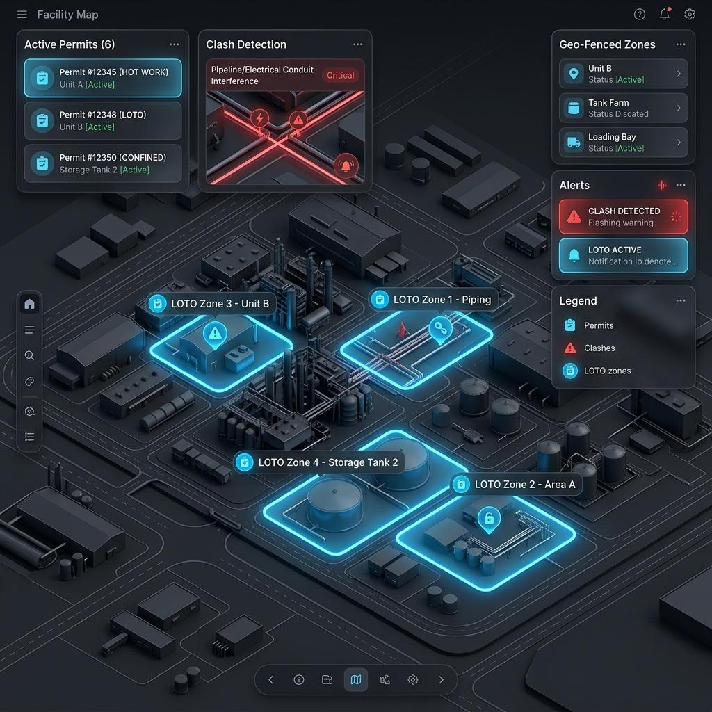 Facility Map showing active permits and clash detection