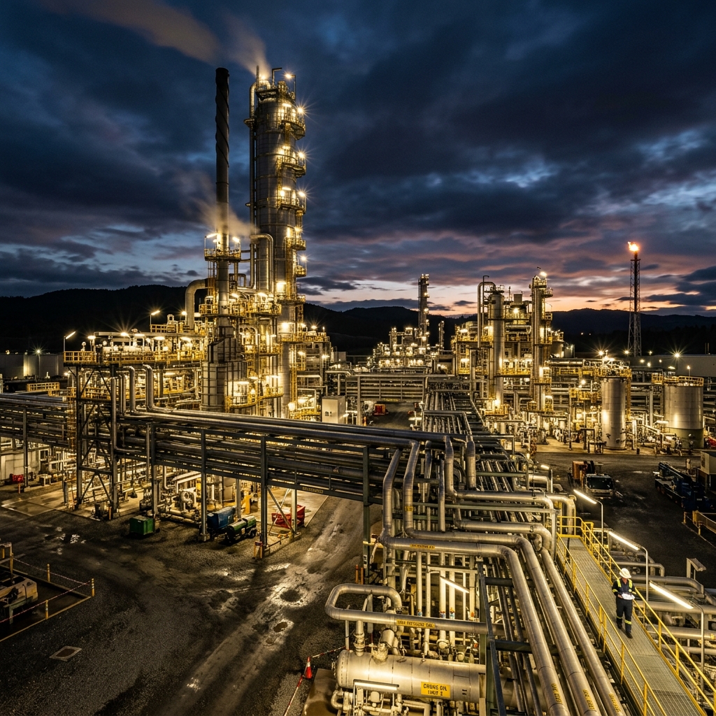 Petrochemical facility with pipework and industrial processing equipment